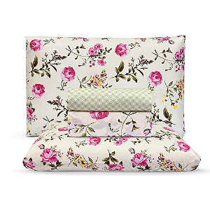 Jogo de Cama Lençol Queen Percal 200 Fios Estampado Floral Rosa e Marfim Microtec 04 Peças Toque Macio