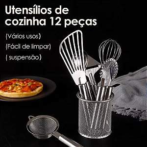 Kit Utensílios de Cozinha Inox com 12 Peças + Suporte Organizador