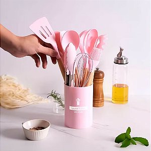 Conjunto de Utensilios de Cozinha Silicone e Cabo de Madeira 12 Peças