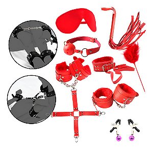 Kit Bondage Bdsm Completo Vermelho 10 Peças