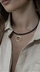 Colar de Couro Azul Navy com Pingente Cravejado