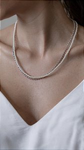 Colar Duplo Corrente Bolinhas e Pérolas - Ródio Branco