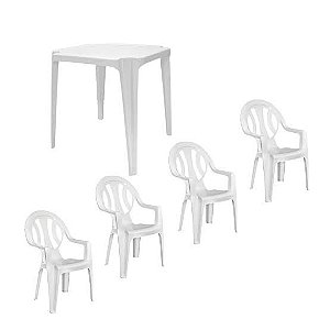 Conjunto/Jogo de Mesa com 4 Cadeiras Poltronas Plástica Monobloco Branco