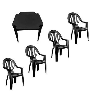 Conjunto/Jogo de Mesa com 4 Cadeiras Poltronas Plástica Monobloco Preta