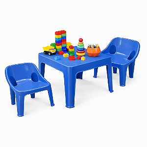 Mesa Infantil com 2 Cadeiras de Plástico Azul - Resistente e Seguro