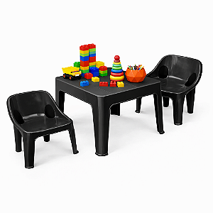 Mesa Infantil com 2 Cadeiras de Plástico Preta - Resistente e Seguro