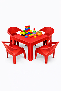 Mesa Infantil com 4 Cadeira Diamante de Plástico Vermelha - Resistente e Seguro