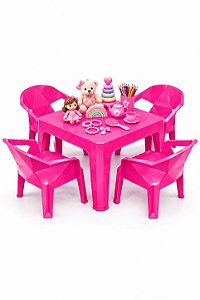 Mesa Infantil com 4 Cadeira Diamante de Plástico Rosa - Resistente e Seguro