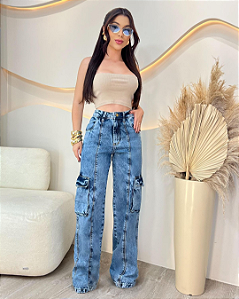 Calça Jeans Wide Leg Cargo - Yanca