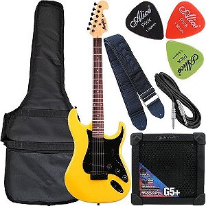 Kit Guitarra Strato Tagima Memphis Mg32 Amarelo Neon C/ Cubo