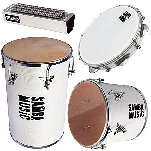 Kit Percussão Samba Music Branco PHX Rebolo Repique Reco-Reco e Pandeiro