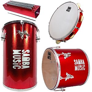 Kit Percussão Samba Music Vermelho PHX Rebolo Repique Reco-Reco e Pandeiro