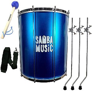 Kit Surdo Madeira Samba Music 60X20 Azul Pele Animal Tripé