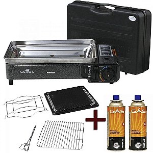 Kit Fogareiro Horizontal Magus 3 Em 1 Com Chapa Grelha E Espetos + 2 Refis Gas