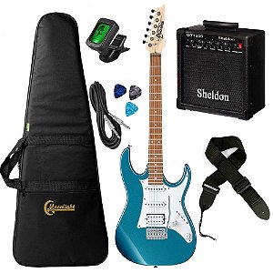 Kit Guitarra Ibanez Gio grx 40 Azul hss Metallic Light Blue c/ Amplificador Bag Luxo, Afinador, Cabo, Correia e Palhetas