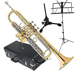 Kit Trompete Laqueado C/ Estante Suporte Hardcase Tr504 Eagl