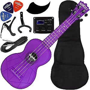 Kit Ukulele Akahai Ghost Soprano Elétrico Ativo Hawaii Black Berry Transparente Ux03