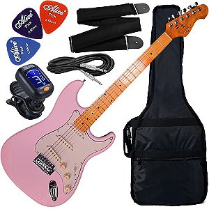 Kit Guitarra Elétrica Phx ST-2 Strato Vintage Shell Pink Rosa Gx01