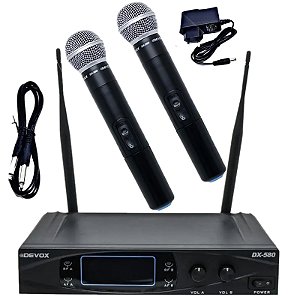 Microfone Sem Fio Duplo Com Visor Digital Devox Uhf Dx-580