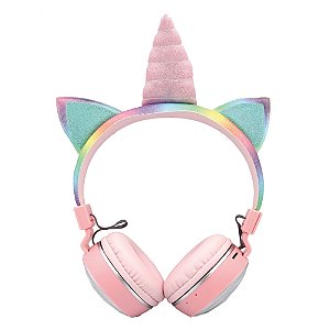 Fone De Ouvido Sem Fio Unicórnio Rosa Orelhinhas e Led Ah-902a
