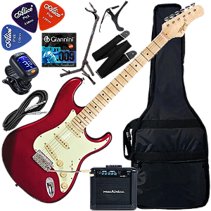 Kit Guitarra Elétrica Strato Tagima T635 Classic Vermelho Metálico MR Gx03 Escalas Clara