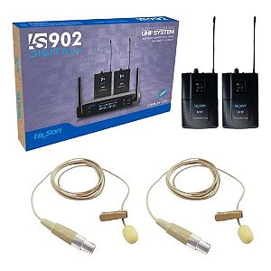 Sistema de Microfone Duplo Sem Fio Headset Lapela Leson LS902 Bege