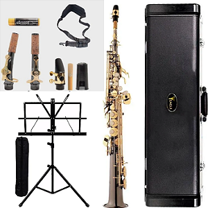 Kit Sax Reto Soprano Eagle SP502 Preto Ônix Chaves Laqueadas
