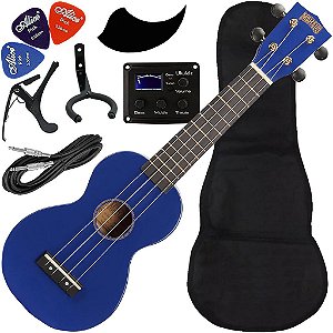Kit Ukulele Soprano Elétrico Ativo Mahalo Mr1 Eq Azul Cordas Aquila MR1-BU Ux03