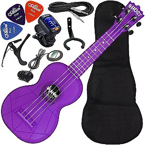 Kit Ukulele Akahai Ghost Soprano Elétrico Hawaii Black Berry Transparente Ux02