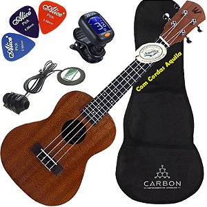 Kit Ukulele Concert Elétrico Cordas Aquila Sapele Natural
