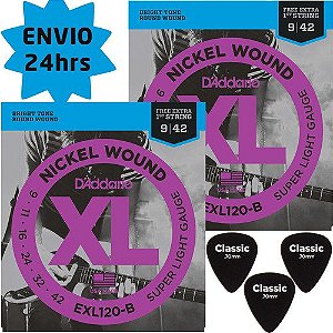 Kit 2 Encordoamento D'addario Para Guitarra Exl120 + Palheta