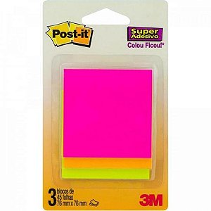 Blocos de Notas Adesivas Post-it 76 mm x 76 mm c/ 3 CASCATA 3M