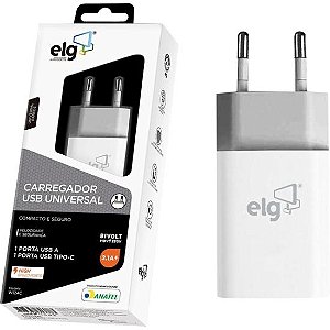 Carregador USB Tipo C + USB 2.1A W124 Branco ELG