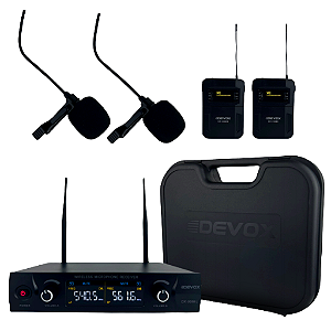 Microfone Sem Fio de Lapela Duplo UHF Multifrequência DX-3058L Devox