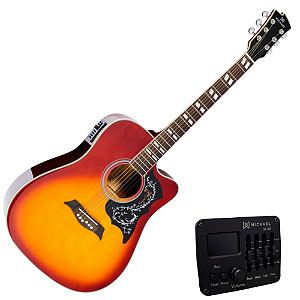 Violão Eletroacústico Michael Galaxy VM925DTC VS Vintage Sunburst Aço Folk Cutaway Captador Piezo EQ 4 Bandas Afinador e Design Flower