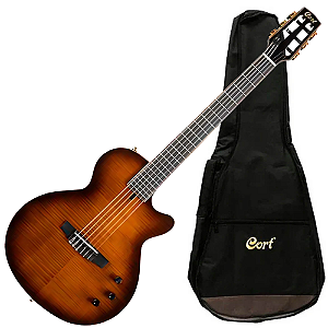 Violão Eletroacústico Cort Sunset Nylectric DLX TSB Tobacco Sunburst Gloss Clássico Nylon com Tampo Spruce Sólido Flamed Maple e Fishman S-Core VTB e Bag