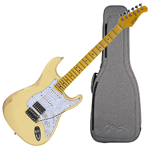 Guitarra Seizi Vintage Budokan HSS Ozielzinho Rising Sun Relic Cream com Captadores Seizi Jutsu Alnico V Ponte Flutuante 2 Pivôs Escala Escalopada Trastes Inox e Bag