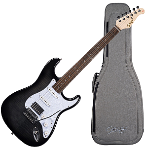 Guitarra Seizi Vintage Budokan Plus Flamed Black com Tampo Flamed Maple Captadores Seizi Jutsu Alnico V HH Ponte Flutuante 2 Pivôs Ferragens Cromadas e Bag Premium