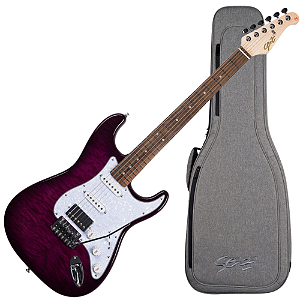 Guitarra Seizi Vintage Budokan Plus Quilted Purple com Tampo Quilted Maple Captadores Seizi Jutsu Alnico V HSS Ponte Flutuante 2 Pivôs Ferragens Cromadas e Bag Premium