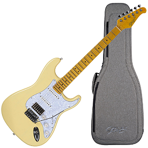 Guitarra Seizi Vintage Budokan HSS Ozielzinho Rising Sun Cream com Captadores Seizi Jutsu Alnico V Ponte Flutuante 2 Pivôs Escala Escalopada Trastes Inox e Bag Deluxe