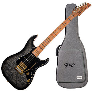 Guitarra Seizi Katana Musashi Plus Quilted Black Gold com Captadores Seizi Jutsu Alnico V HSS Ponte Flutuante 2 Pivôs e Bag