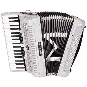 Acordeon Michael ACM8007N Branco Perolado 80 Baixos 7 Registros Terça de Voz 37 Teclas Palhetas Aço Inoxidável Fole Linho Couro Bag com Rodinhas e Alça