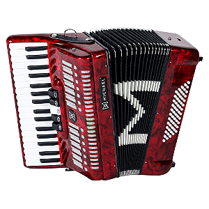 Acordeon Michael ACM6005N Vermelho Perolado 60 Baixos 5 Registros 3ª Voz 34 Teclas Palhetas Aço Inoxidável Fole Linho Couro Bag Mochila com Rodinhas e Alça