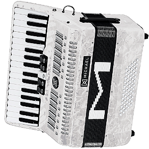 Acordeon Michael ACM6005N Branco Perolado 60 Baixos 5 Registros 3ª Voz 34 Teclas Palhetas Aço Inoxidável Fole Linho Couro Bag Mochila com Rodinhas e Alça