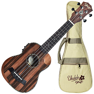 Ukulele Eletroacústico Seizi Bora Bora Crush Soprano Ebony com Bag Half Cutaway Nut e Rastilho em Osso Encordoamento Aquila e Detalhes em Abalone 10360303