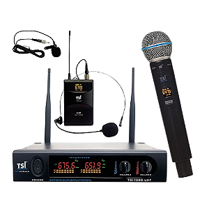 Microfone Sem Fio TSI 1200 CLI UHF com Receptor Display Digital 96 Canais Bodypack para Lapela Headset Microfone de Mão X1 e Processo Exclusivo Ghostless