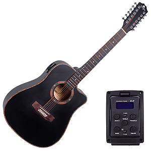 Violão Eletroacústico Aço Marquês 12-VA-16 BKS EQ Preto Fosco 12 Cordas com Corpo Folk Cutaway e Pré 4T 4 Bandas Afinador