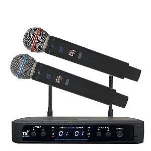 Sistema Sem Fio TSI ONE UHF com 96 Canais e Tecnologia Ghostless Duplo Microfone de Mão UHF 614-698 MHz com Receptor 2 Microfones Super Cardióide Antenas Cabo P10 e Fonte Bivolt