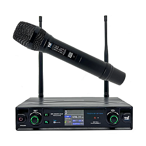 Microfone Sem Fio TSI BR 4500 UHF com Tecnologia Duo-Diversity e 100 Canais – Sistema UHF 614 698 MHz com Receptor True Diversity Microfone de Mão Super Cardióide SC-8 Fonte Bivolt