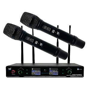 Sistema Sem Fio TSI DUO 4 DIVERSITY com 200 Canais e True Diversity Sistema UHF 614-698 MHz com Receptor Duo-4 Diversity (4 Receptores Internos) 2 Microfones de Mão Multicanal SC-8 Super Cardióide Fonte Bivolt